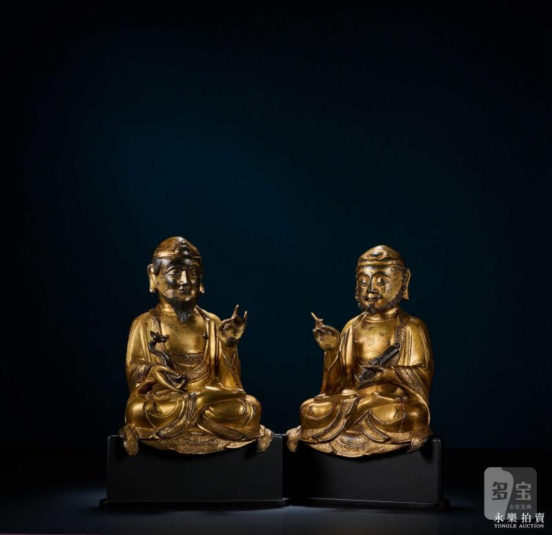 元末明初 铜鎏金男相文殊普贤菩萨坐像（一组两尊） - 图4